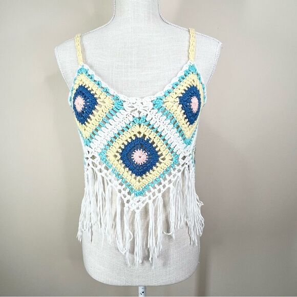 JCL Knit Fringe Festival Boho Tank Top Granny Square M/L - Picture 1 of 11